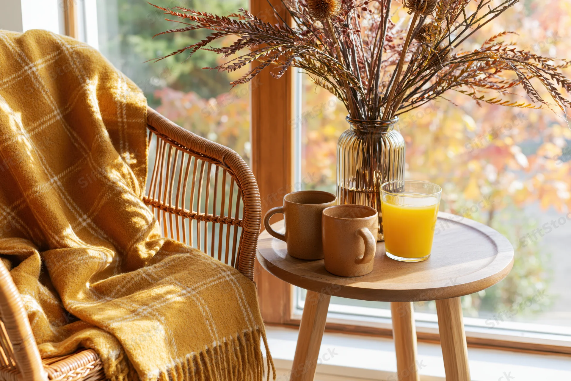 Wicker armchair with yellow plaid wool blanket beside wooden side table holding ceramic mugs and glass of orange juice near window with autumn foliage view