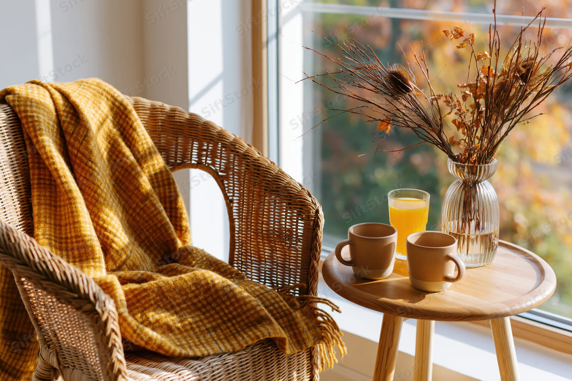 Wicker armchair with mustard yellow plaid wool blanket beside a wooden side table holding two ceramic cups and a glass of orange juice near a window with autumn foliage outside