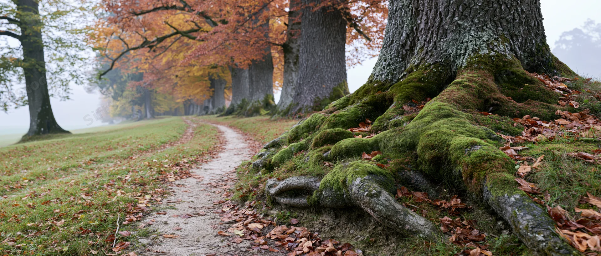 Winding dirt path through row of tall deciduous trees in autumn forest with moss-covered roots and fallen leaves