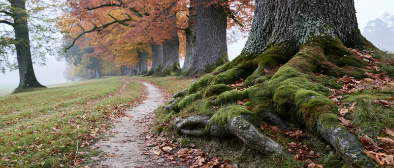 Winding dirt path through row of tall deciduous trees in autumn forest with moss-covered roots and fallen leaves