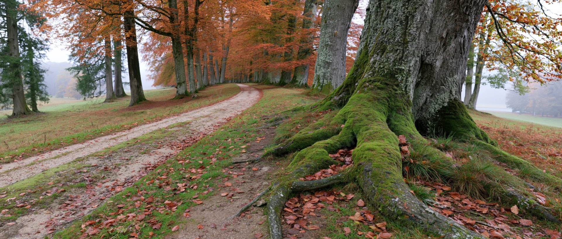 Winding dirt path through a row of tall deciduous trees in autumn forest with moss-covered roots and fallen leaves