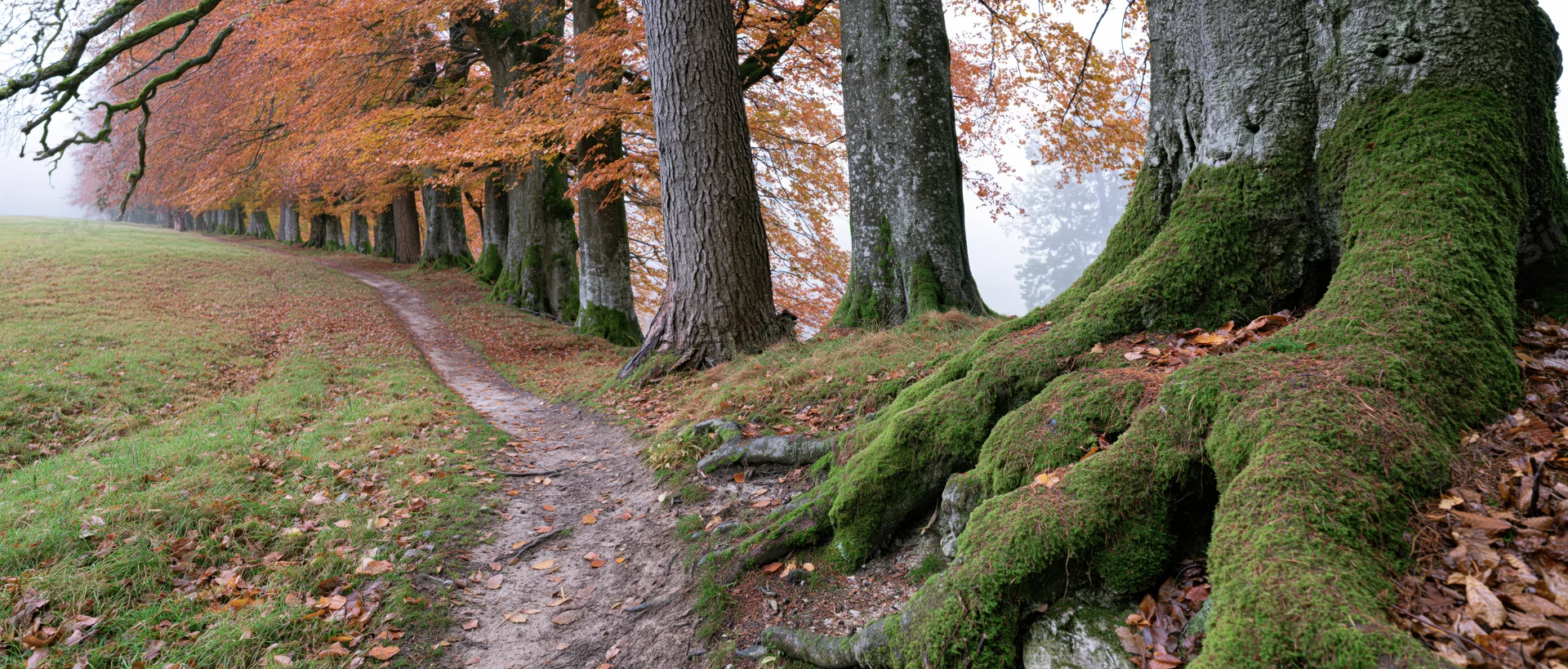 Winding dirt path lined with moss-covered tree roots and autumn foliage in a misty forest