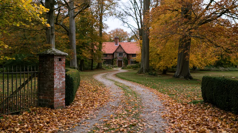Winding gravel path covered in fallen autumn leaves leading to a traditional house in a rural landscape