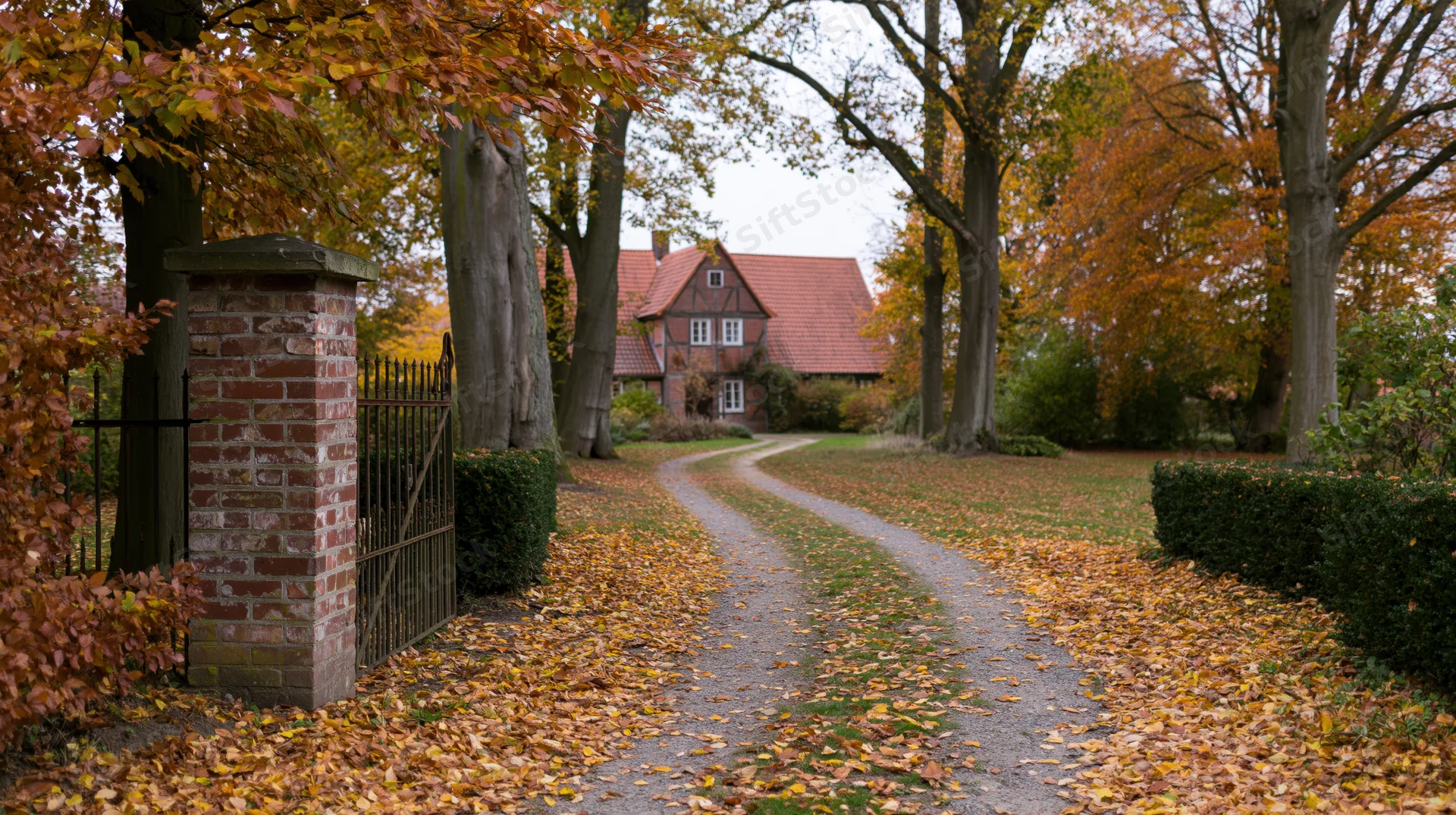 Winding gravel path covered in fallen autumn leaves leading to a half-timbered house in a rural garden setting