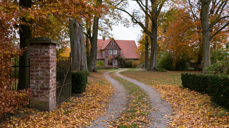 Winding gravel path covered in fallen autumn leaves leading to a half-timbered house in a rural garden setting