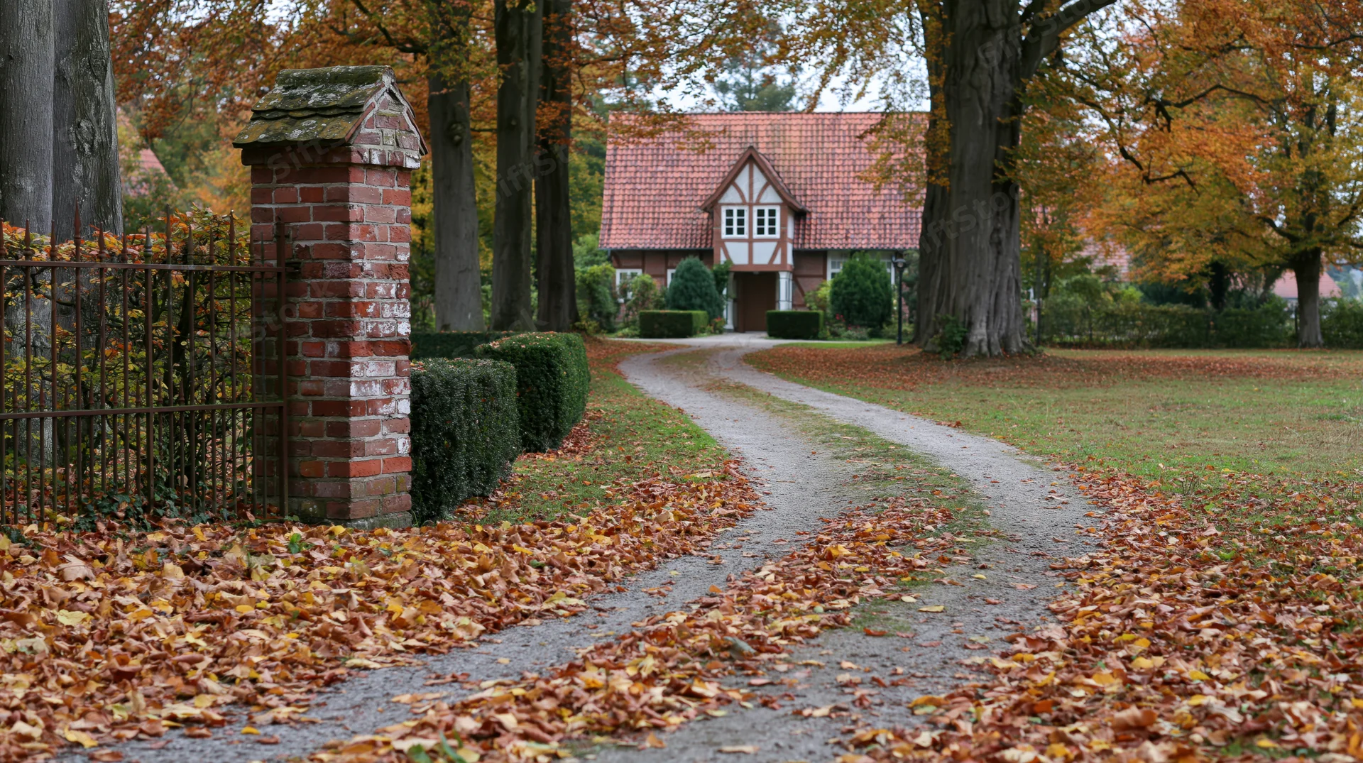 Winding gravel path covered in fallen autumn leaves leading to a traditional house with brick gate and trees on either side