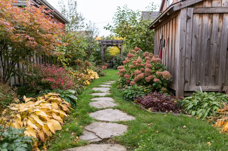 Winding stone path through lush autumn garden bordered by colorful foliage and plants near wooden shed