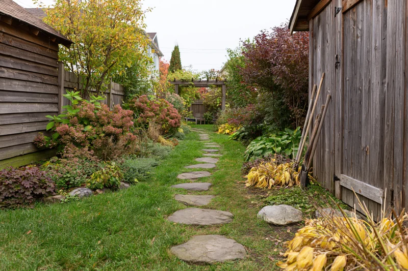 Stone stepping path through lush autumn garden bordered by wooden shed and shrubs