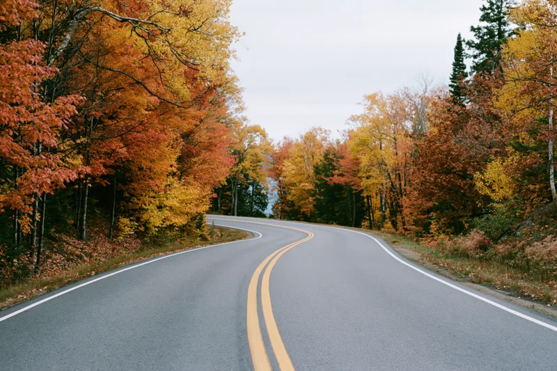 Winding two-lane asphalt road with double yellow center line
