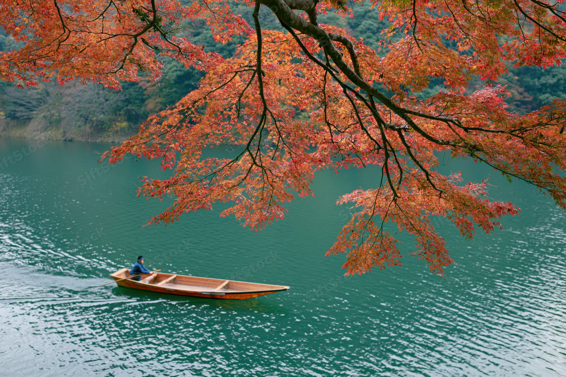 Wooden flat-bottomed boat with a lone boatman rowing on a calm river beneath autumn maple trees