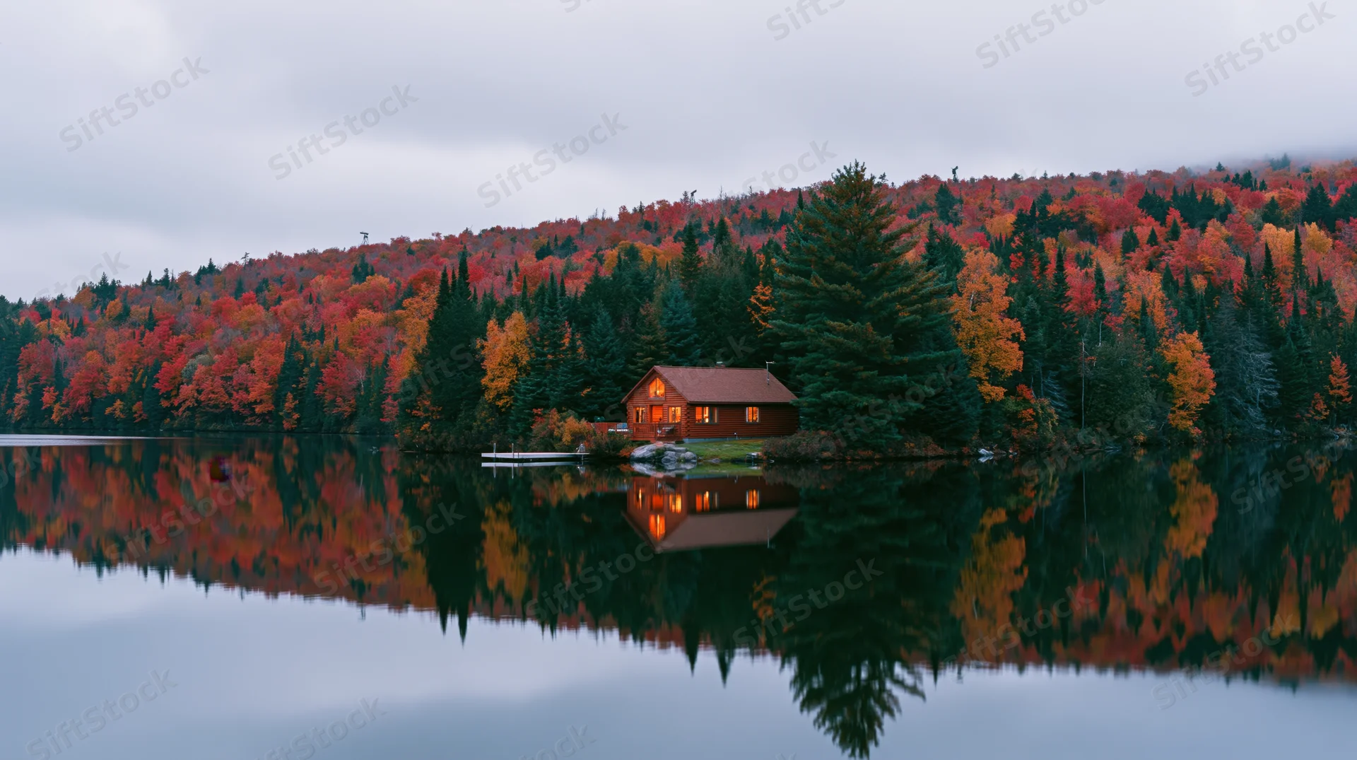 Wooden cabin with warm lights reflected in calm lake surrounded by autumn forest