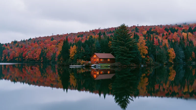 Wooden cabin with warm lights reflected in calm lake surrounded by autumn forest