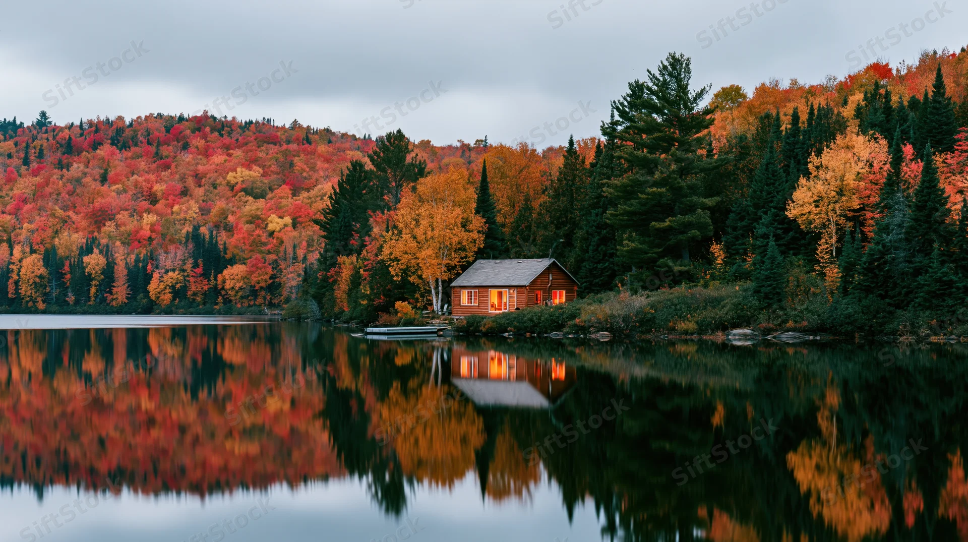 Wooden cabin with warm light reflected in calm lake surrounded by autumn forest