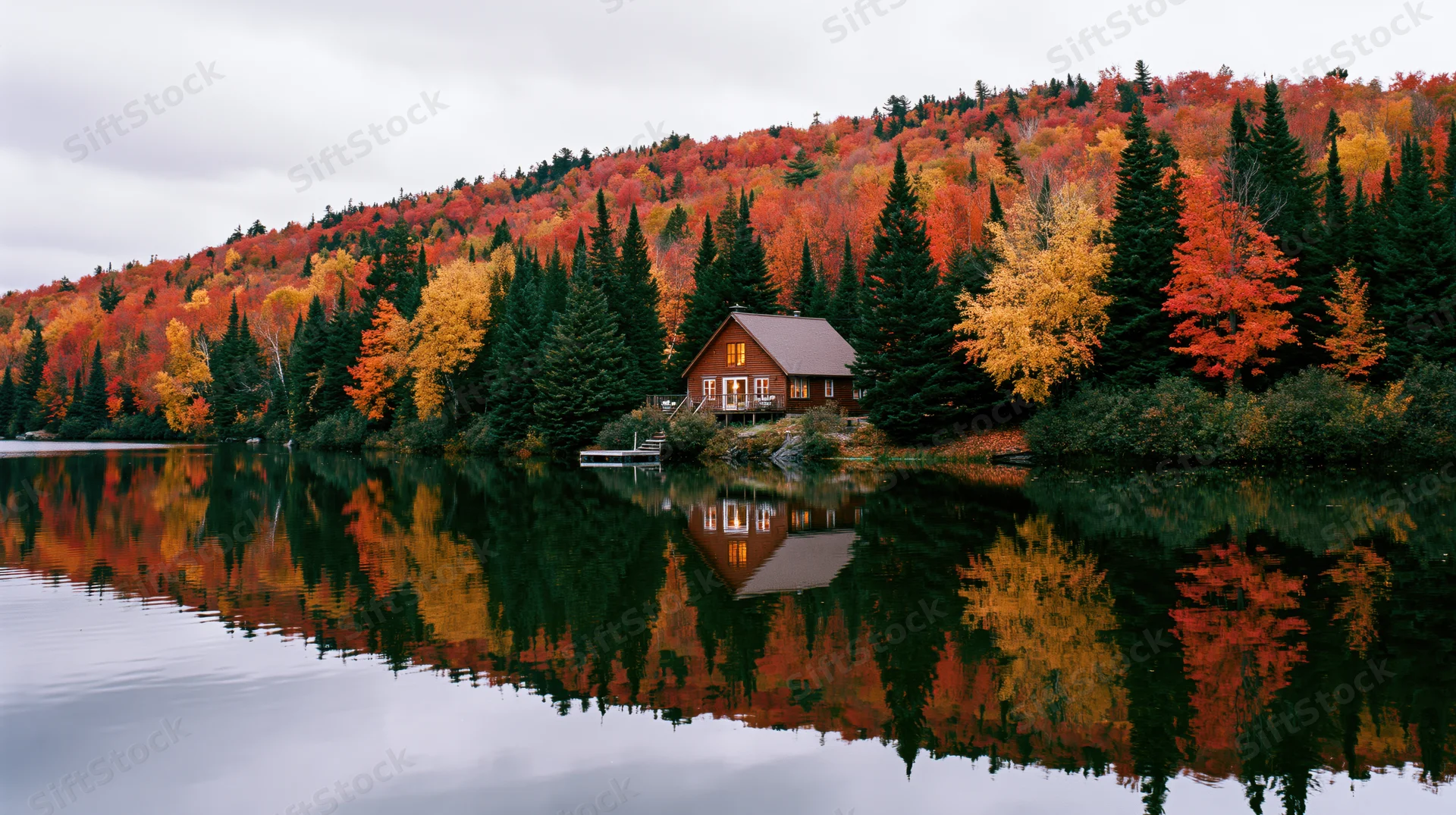 Wooden cabin by a calm lake reflecting autumn forest colors on overcast day