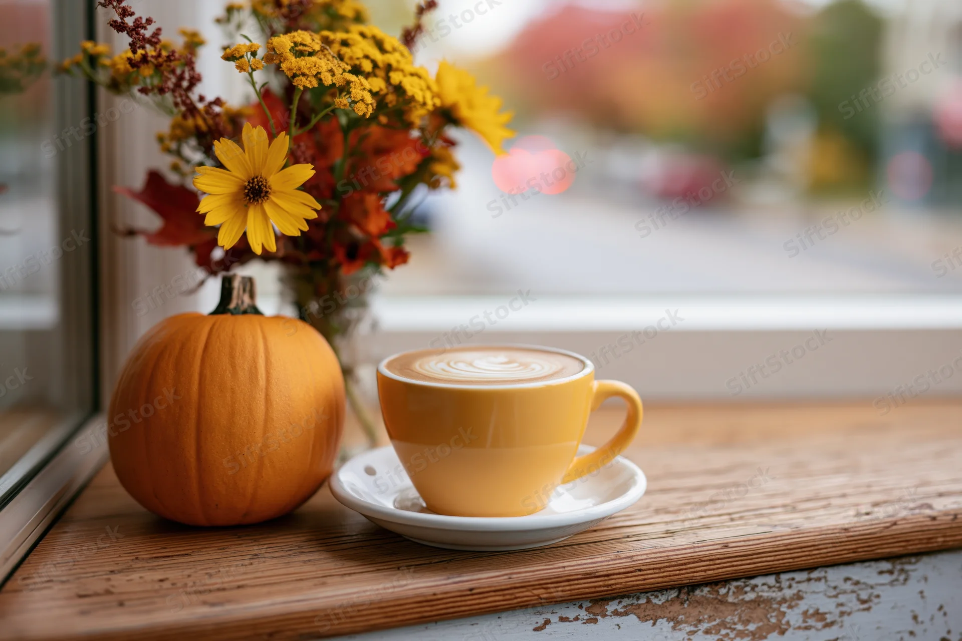 Yellow ceramic latte cup with swirled foam art on wooden windowsill beside pumpkin and autumn flowers