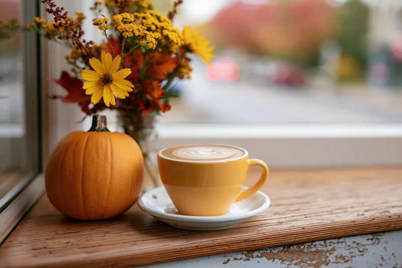 Yellow ceramic latte cup with swirled foam art on wooden windowsill beside pumpkin and autumn flowers