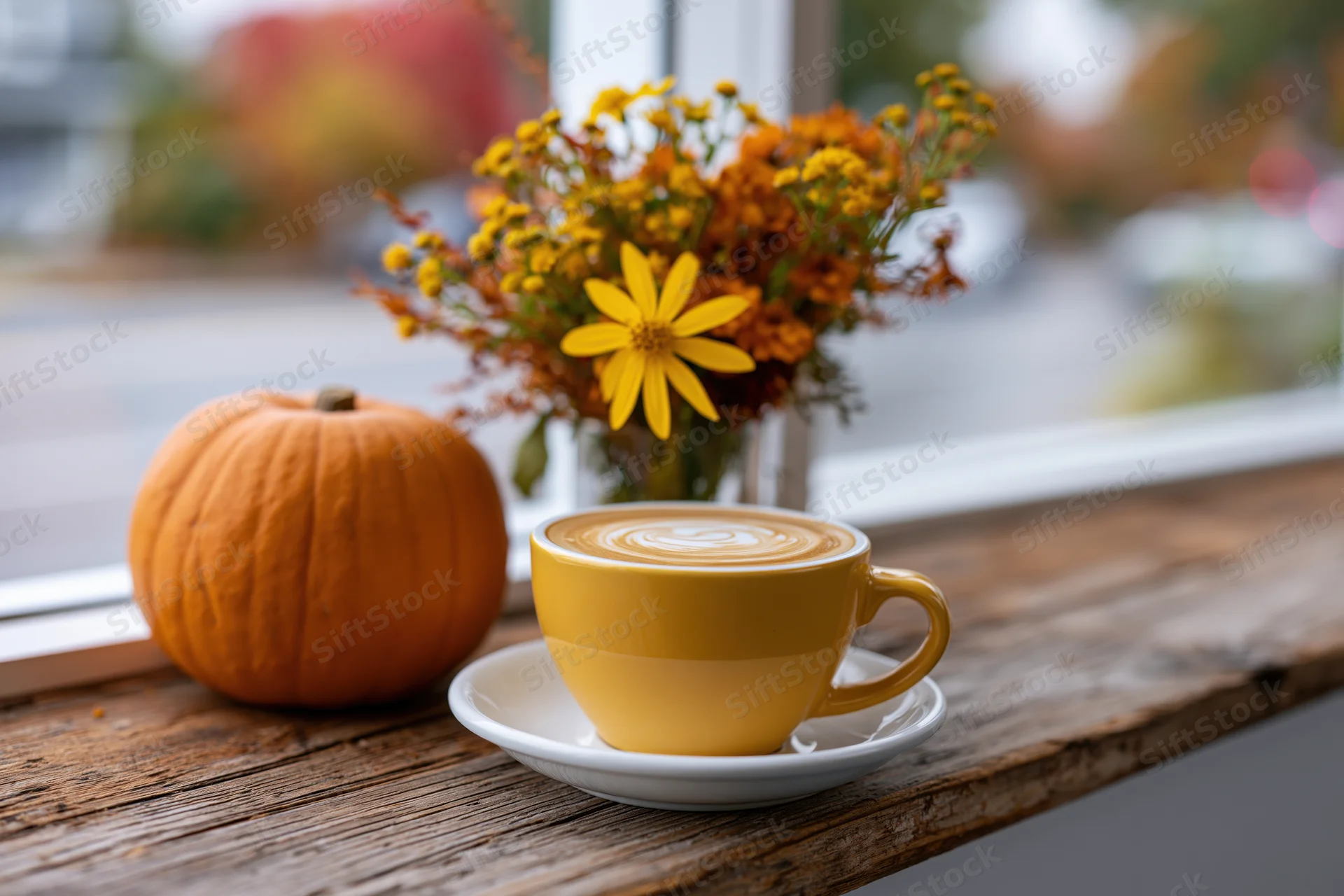 Yellow ceramic latte cup with swirled foam art on wooden windowsill beside pumpkin and autumn flowers