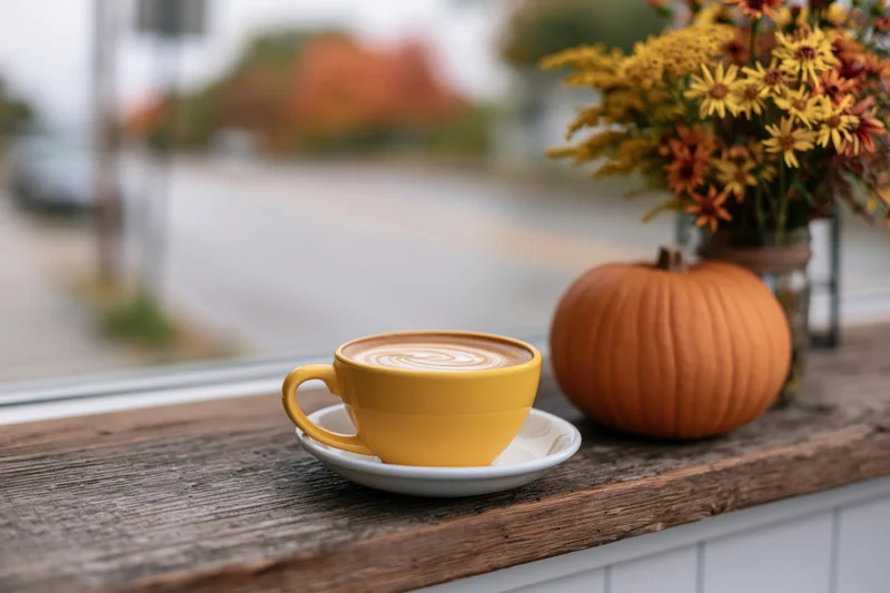 Yellow ceramic latte cup with swirled milk foam on wooden windowsill beside pumpkin and autumn flowers