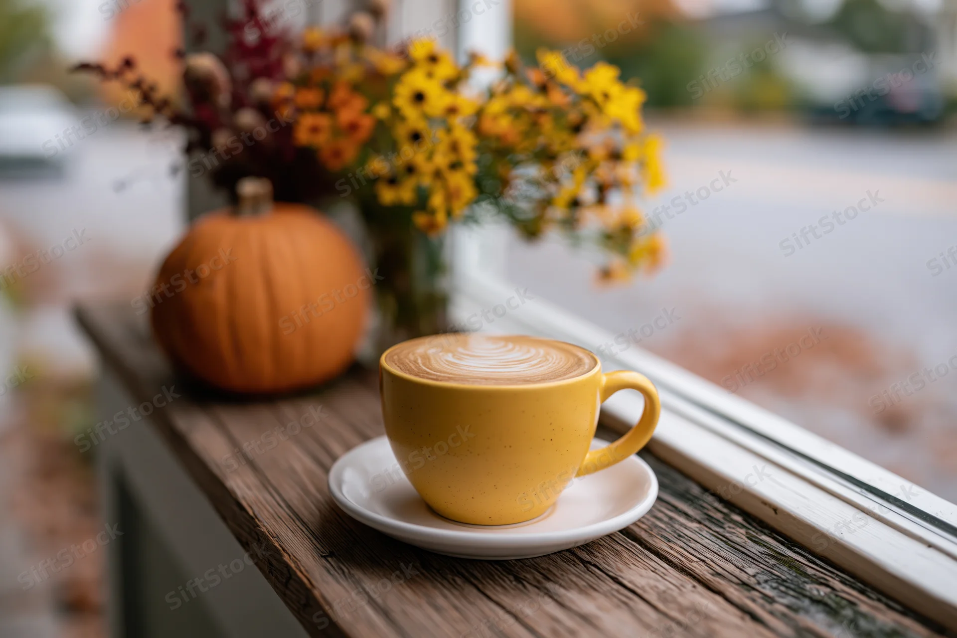 Yellow ceramic latte cup with swirled foam art on wooden windowsill beside pumpkin and autumn flowers