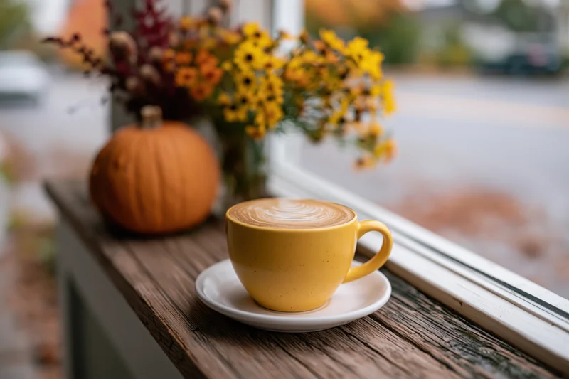 Yellow ceramic latte cup with swirled foam art on wooden windowsill beside pumpkin and autumn flowers