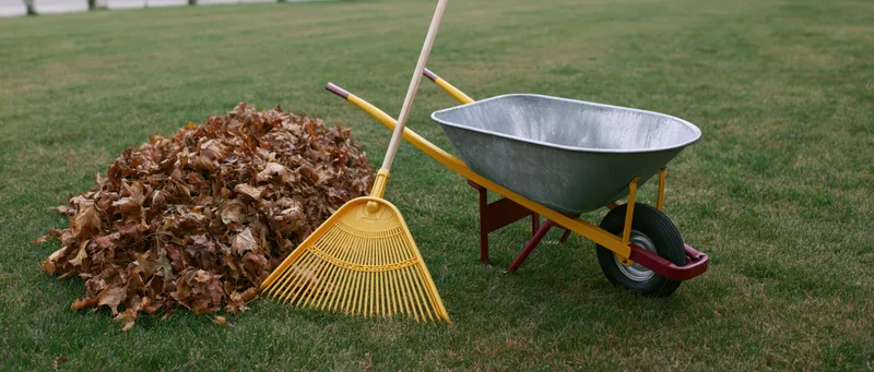 Yellow plastic fan rake and galvanized metal wheelbarrow beside a pile of fallen leaves on a grassy lawn
