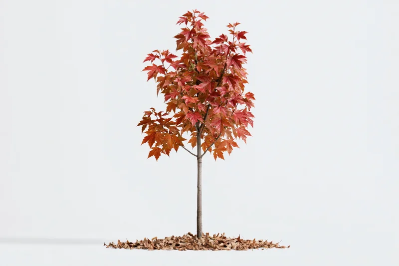 Young maple tree in autumn colors standing alone on white background with fallen leaves at base