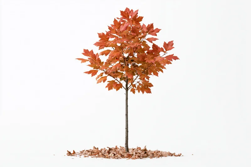 Young deciduous tree in autumn colors standing alone on white background with fallen leaves at base