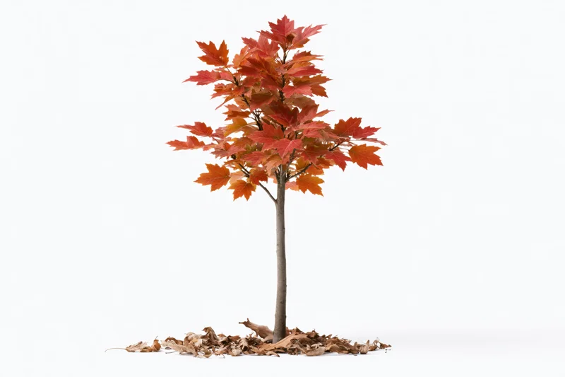 Young maple tree in autumn foliage with fallen leaves at base, isolated on white background