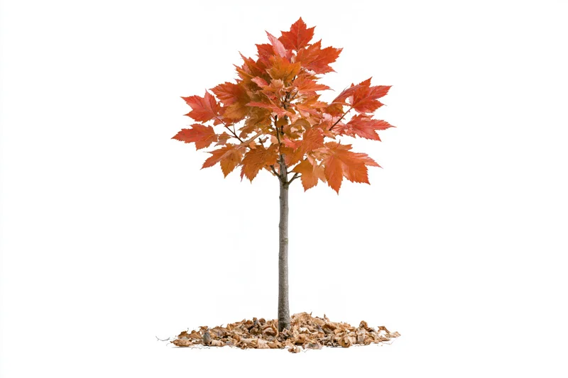 Young maple tree with red autumn leaves standing on mulch against white background