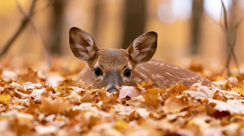 Young white-tailed fawn peeking through fallen autumn leaves in a forest clearing
