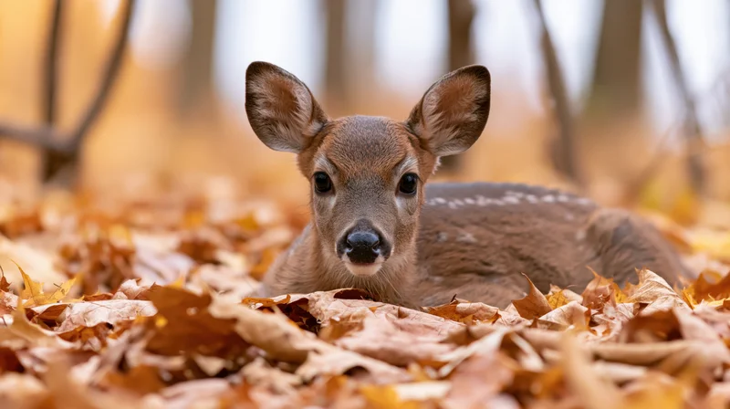 Young white-tailed fawn lying among fallen autumn leaves in a forest clearing