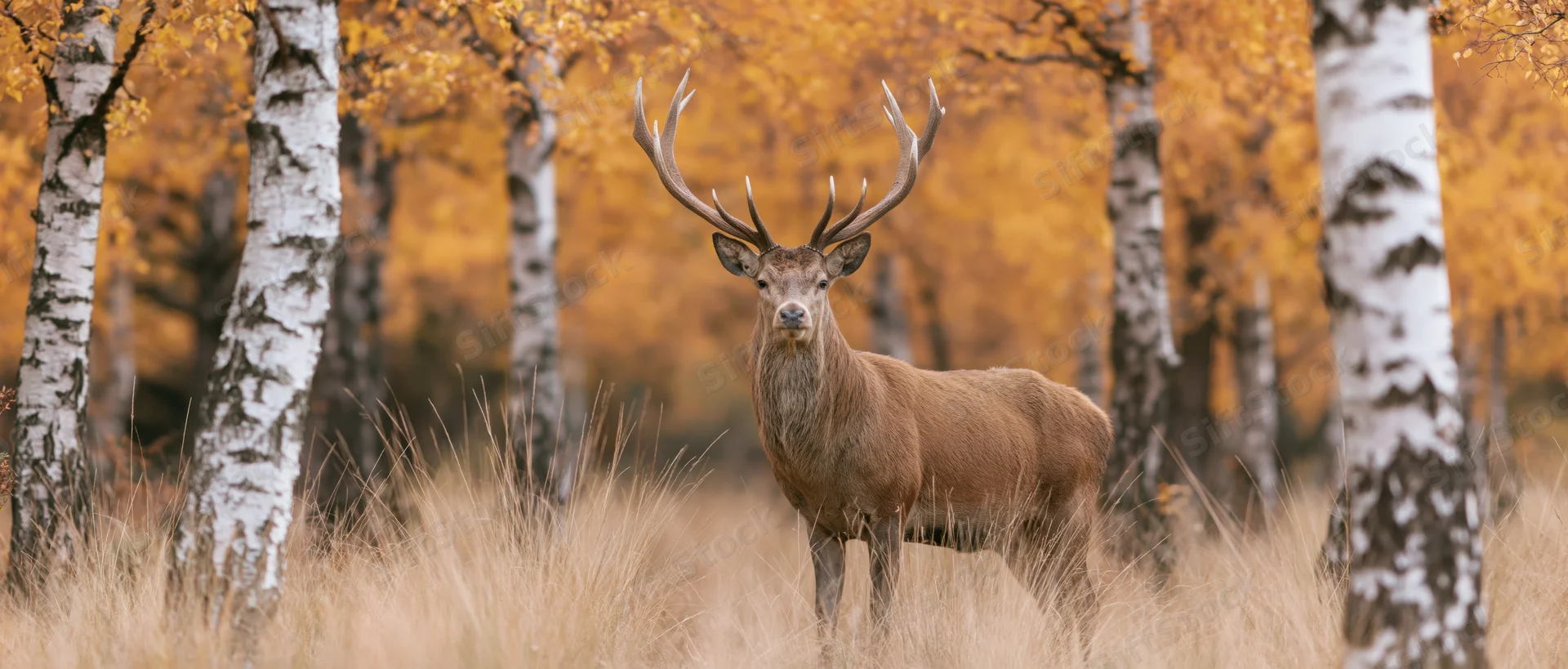 Red deer stag standing alert in an autumn birch forest