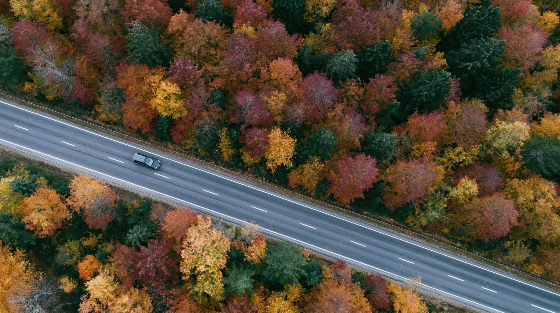 Aerial view of a two-lane road cutting through a dense autumn forest with colorful foliage