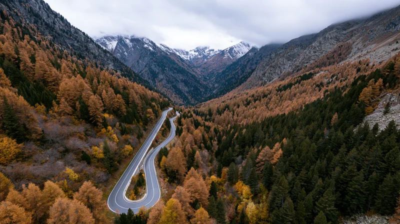 Winding alpine road through forested valley with snow-capped peaks under cloudy sky
