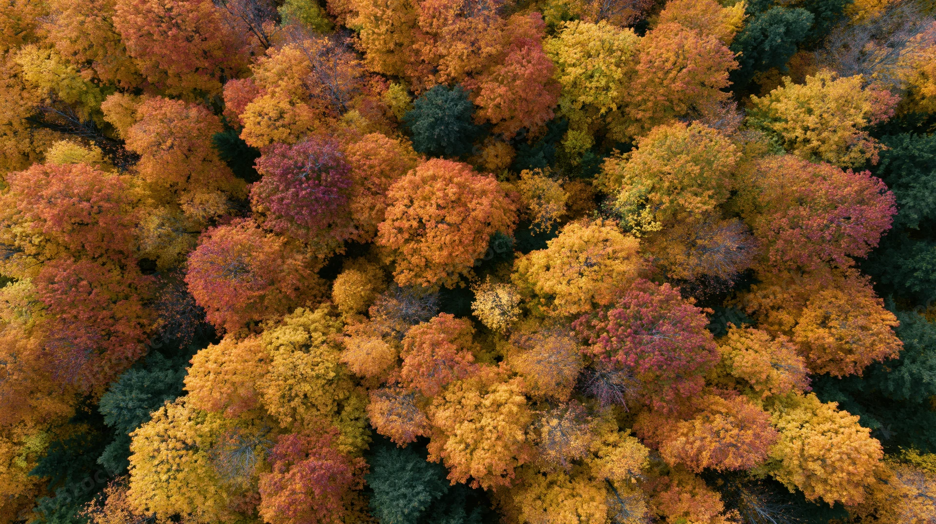 Aerial top-down view of dense deciduous forest canopy in autumn with vibrant orange, yellow, red, and green foliage