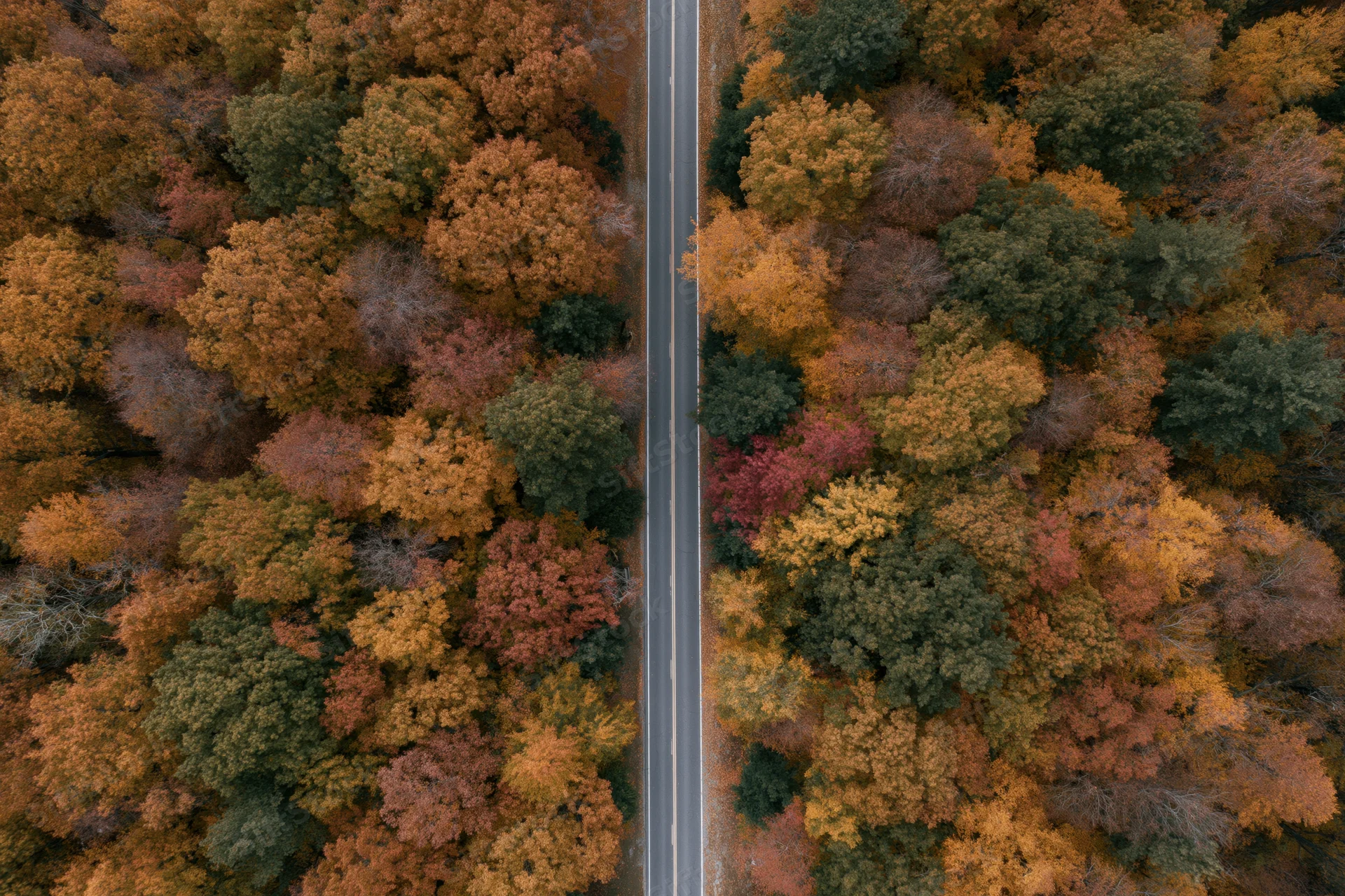 Aerial top-down view of a narrow road cutting through a dense autumn forest