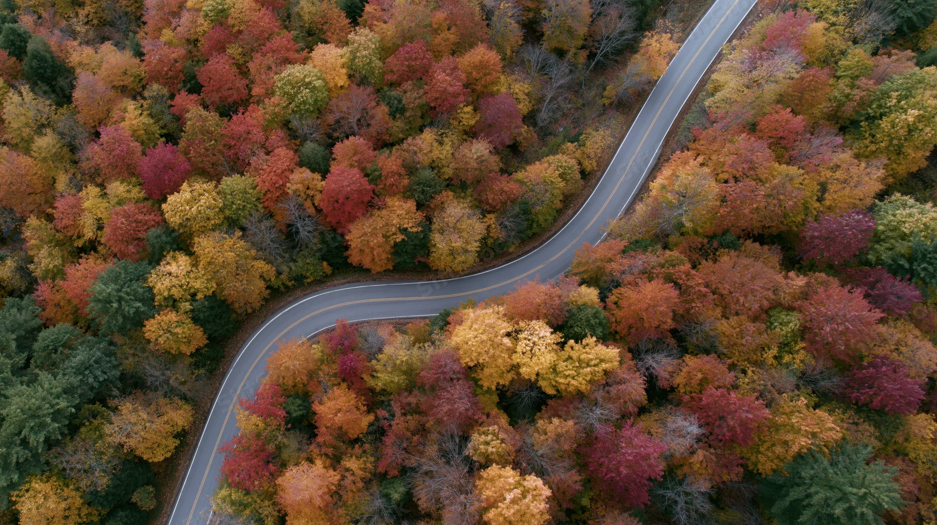Winding road through autumn forest from aerial view