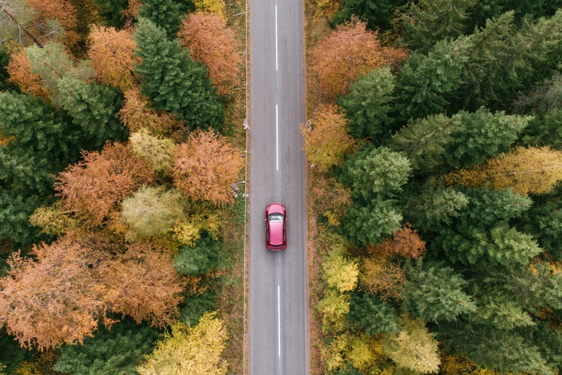 Red car driving along a narrow road through autumn forest from above