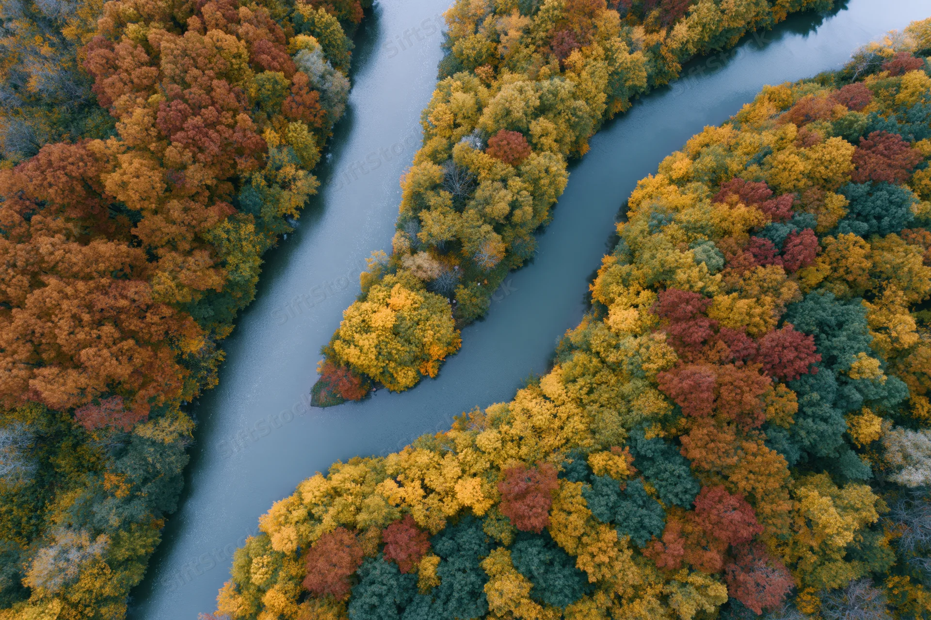 Aerial top-down view of a winding river splitting through a colorful autumn forest
