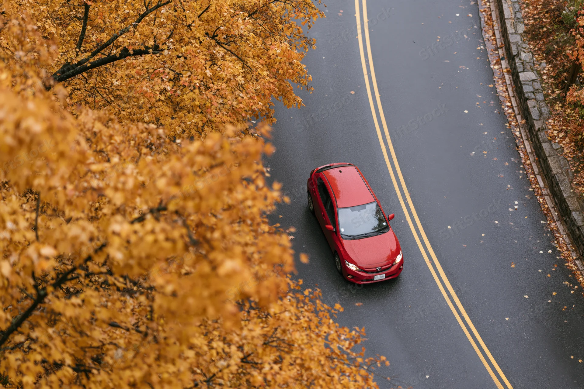 Red compact car driving on a winding road lined with autumn trees viewed from above