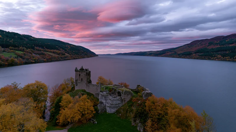 Aerial view of urquhart castle ruins on a rocky promontory overlooking loch ness at sunset in autumn scotland