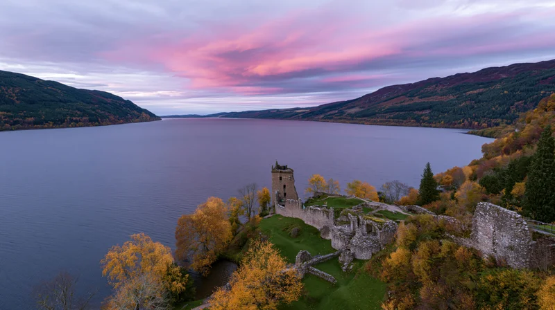 Aerial view of urquhart castle ruins on a rocky promontory overlooking loch ness at sunset in autumn