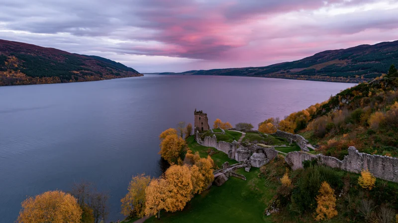 Aerial view of urquhart castle ruins on a rocky promontory overlooking loch ness at sunset in autumn