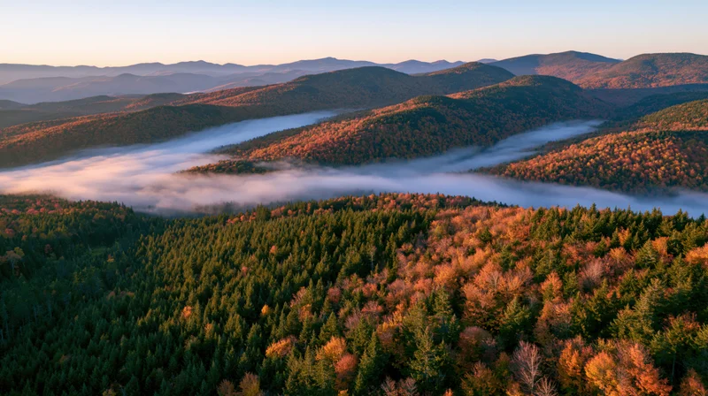 Aerial view of autumn forest valley with mist between rolling hills