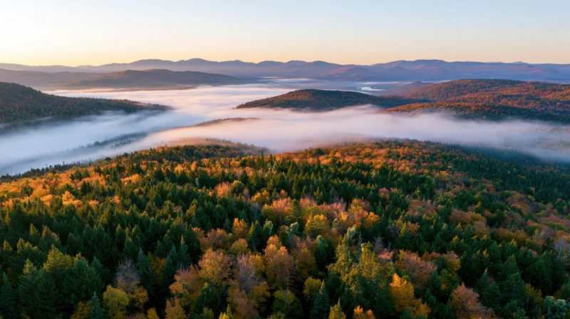 Aerial view of autumn forest valley with fog at sunrise