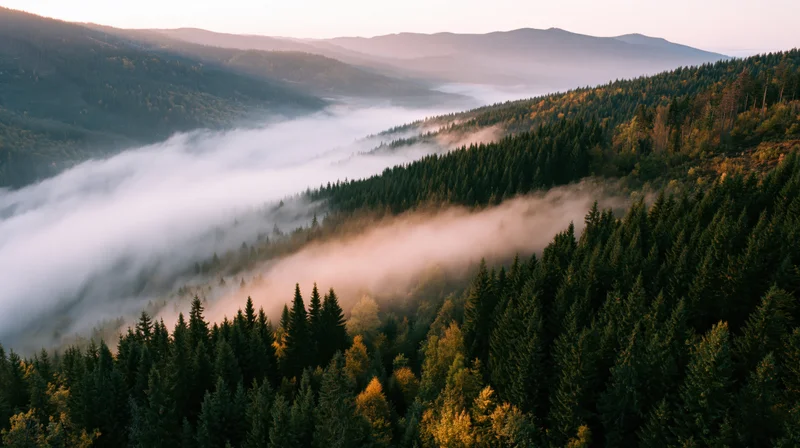 Aerial view of misty forested mountain valley at sunrise