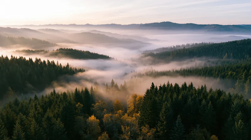 Aerial view of misty forested mountain valley at sunrise