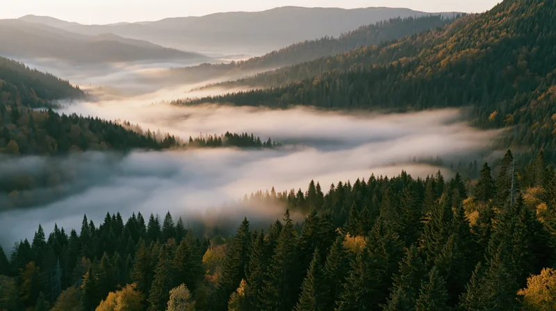 Aerial view of misty forested mountain valley at sunrise