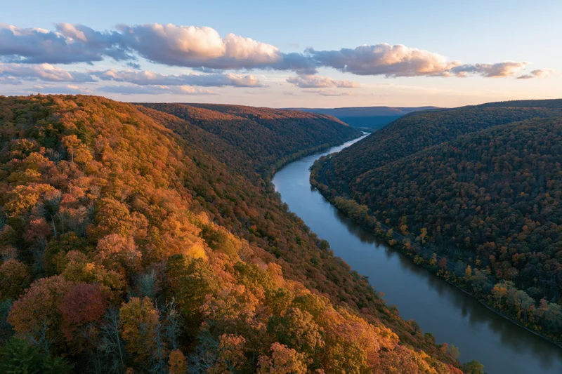Aerial view of a winding river through a dense autumn forest valley