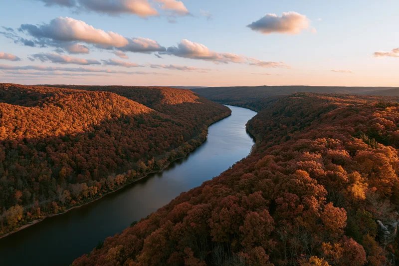 Aerial view of a winding river through a dense autumn forest valley